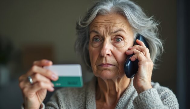 Elderly woman on phone is stressed holding credit card. Concerned senior gets scam call, worries about financial fraud over phone. Danger for old people privacy.