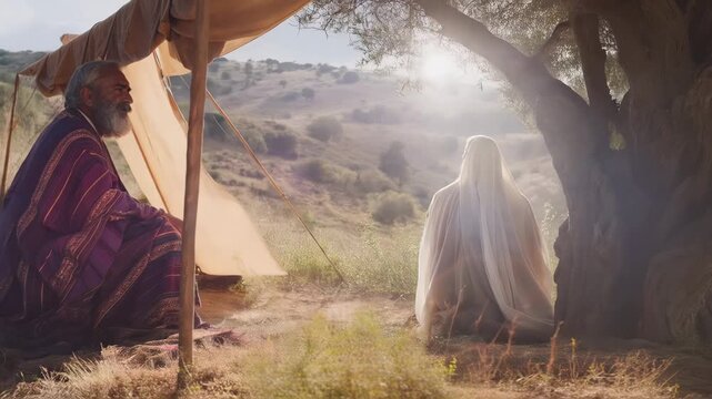 God Appeared to Abraham Near the Oaks of Mamre, where he was Sitting at his Tent Door. Biblical Story Scene