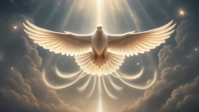 Holy Spirit White Dove Flying in Heavenly Light Divine Peace and Hope Symbol.