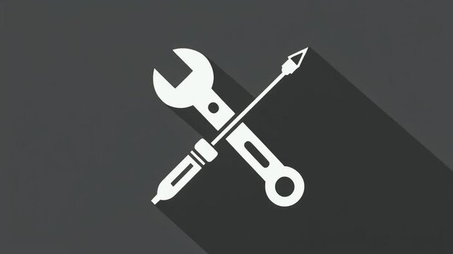 White Crossed Wrench and Screwdriver Icon with Long Shadow on Dark Textured Background tool symbol
