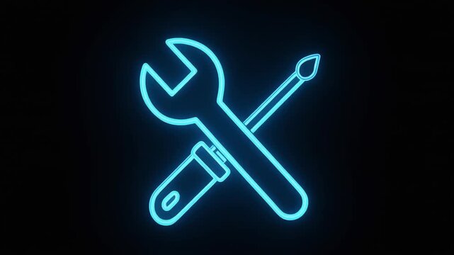 Glowing Blue Neon Outline of Crossed Wrench and Screwdriver on Black Background tool