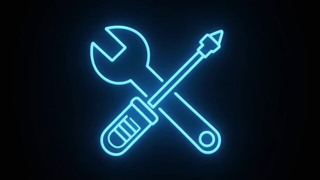 Blue Neon Outline of Crossed Wrench and Screwdriver with Detailed Handle on Black Background tool glow