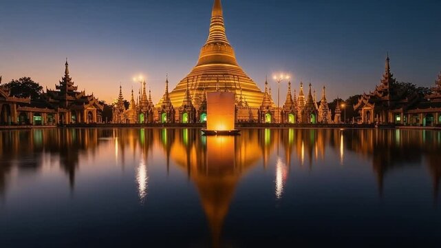 Iconic Shwedagon Pagoda Reflection at Night Golden Buddhist Temple in Yangon Myanmar.