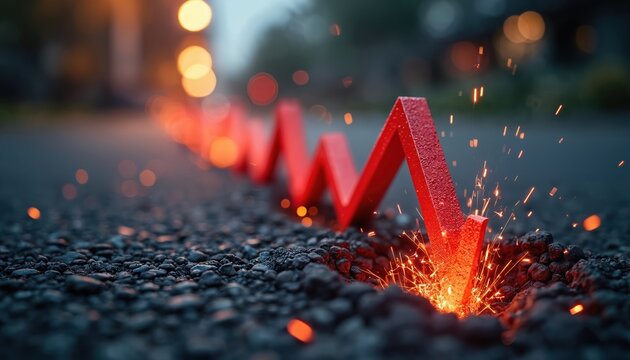 Red graph line plunges into ground sparking flames. Economic recession looms with rising costs and debt. Businesses struggle with inflation and tight budgets.