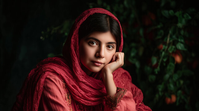 Joven afgana con hiyab rojo