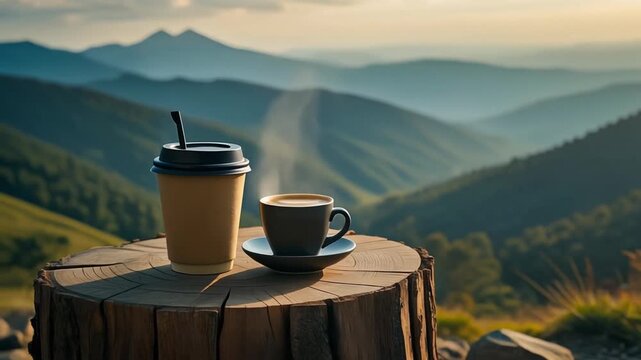 A disposable coffee cup and a ceramic mug with steaming coffee sit on a wooden tree stump against a backdrop of misty blue mountains