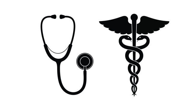 Medical symbols of a stethoscope and caduceus in dark silhouette