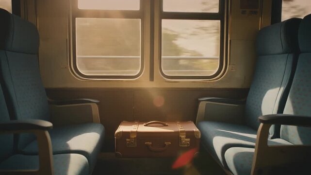 Interior of a train carriage with empty seats and a vintage suitcase between windows image photo