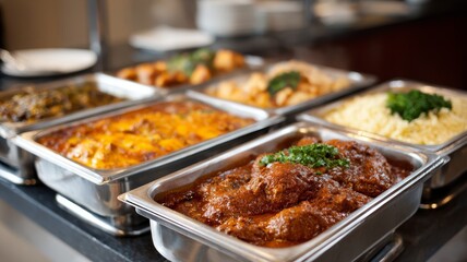 Obraz premium Assorted buffet dishes in stainless steel trays at catering event