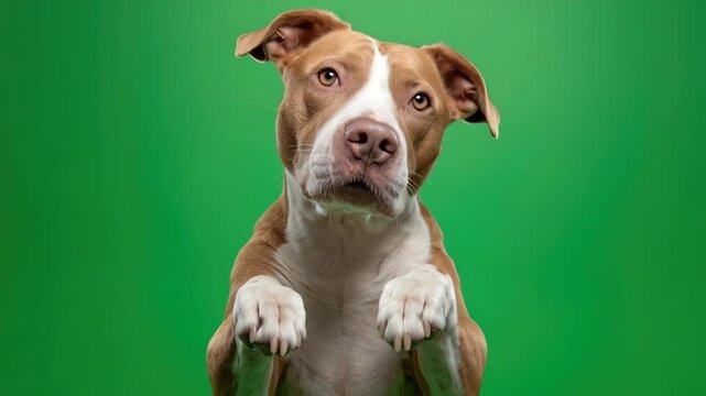 Cute brown and white pit bull terrier dog standing with paws up begging isolated on a green screen background
