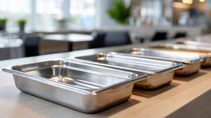 Obraz premium Stainless steel food trays on modern cafeteria counter