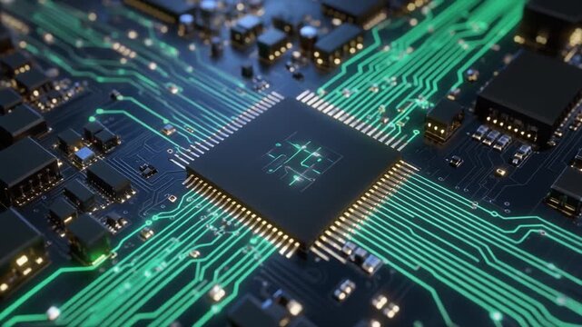 Detailed macro view of a central computer processor chip on a green circuit board with glowing blue lines and components