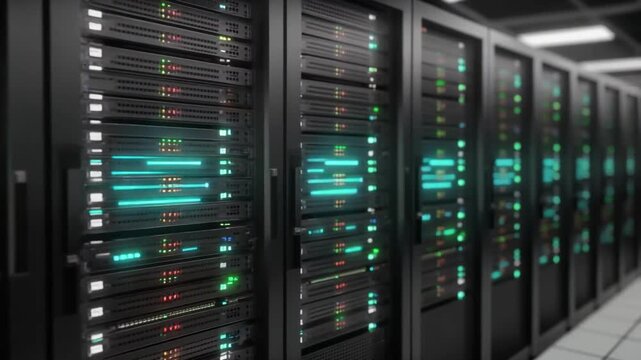 Close-up view of multiple server racks with glowing green and blue indicator lights, showcasing intricate hardware and technology