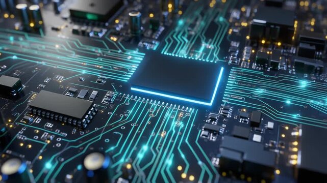 Close-up of a computer motherboard with a central blank processor chip glowing with blue light and intricate turquoise circuit lines