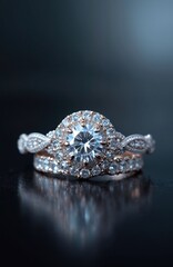 Sparkling diamond rings sit on dark reflective surface. Engagement and wedding bands feature brilliant cut center stones. Rose gold metalwork and halo setting add luxury. Perfect bridal symbols.