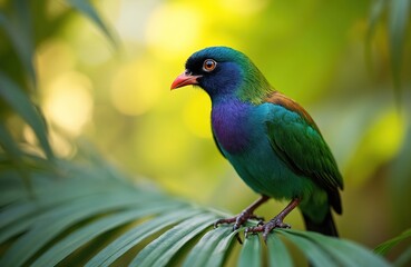 Fototapeta premium Brightly colored tropical bird rests on rich green palm frond. Bird displays vibrant turquoise, purple plumage. Soft bokeh background of yellow, green foliage. Close-up of exotic creature in natural