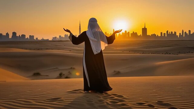 Spiritual Woman in Abaya Praying in Dubai Desert at Golden Sunset with City Skyline.