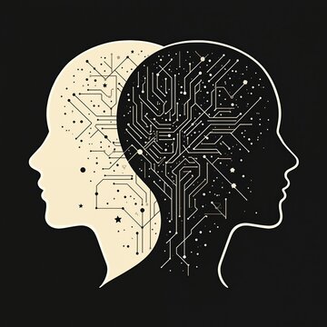 Two human heads shown in profile. One head contains circuitry, like a digital brain. The other head appears empty. This symbolizes AI and human thought connection and integration.