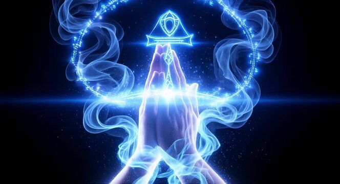 Praying hands with glowing Ankh symbol in mystical atmosphere