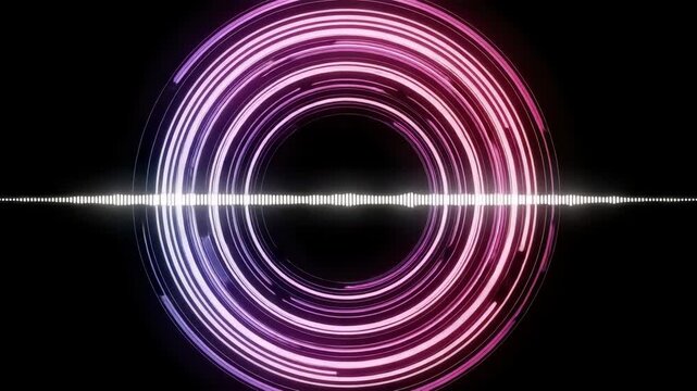 Abstract neon audio waveform with glowing circular rings for music technology background