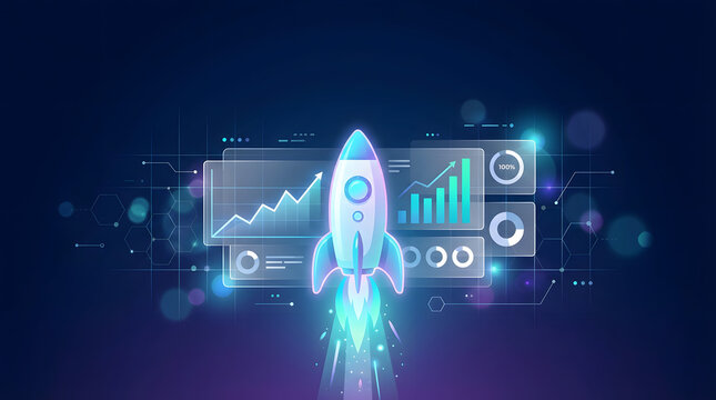 startup rocket launch with business growth data dashboard showing financial success and professional analytic charts on dark blue background for corporate mission concepts
