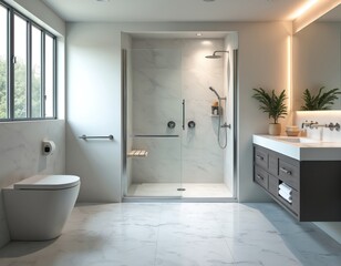 Fototapeta premium Modern accessible bathroom design with walk-in shower, grab bars, and raised toilet. This safe, comfortable space suits elderly or disabled individuals for independent living.