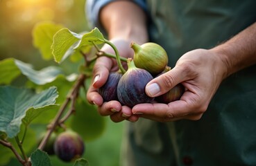 Naklejka premium Hands hold ripe purple and green fig fruits from tree branch. Person harvests fresh produce in garden. Focus on fruit picking and healthy food preparation.