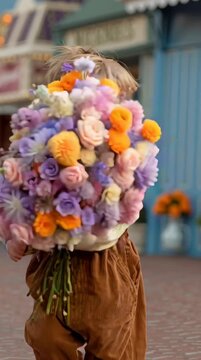 Un ni&ntilde;o con un ramo de flores en un parque de atracciones.