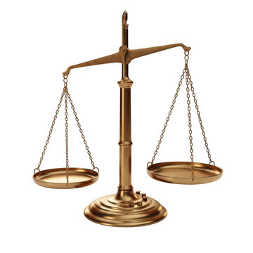 Golden balance scales with two empty plates isolated on transparent background