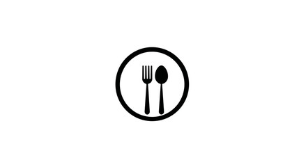 Food and restaurant icon with fork and spoon inside a circle. Simple black and white vector symbol for dining, meal service, and menu design.