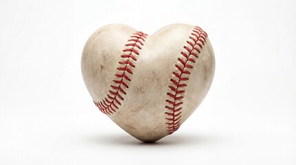 A heart-shaped baseball with red stitching on a white background