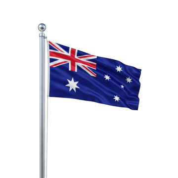 Australian flag waving on silver pole isolated on transparent background