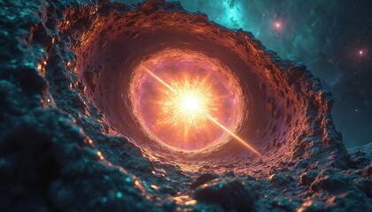 Fototapeta premium Abstract explosion of light from a cosmic tunnel or wormhole. Fiery core erupts with energy amid rocky texture. Dark space backdrop with distant stars and nebulae. Powerful celestial event.