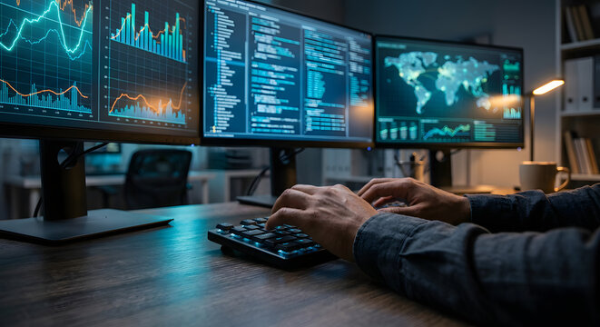 professional data analyst working on triple monitor setup with financial charts global maps and computer code for cybersecurity and big data management in dark office interior