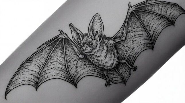 A detailed black and white tattoo of a bat on a person's arm with spread wings and pointed ears