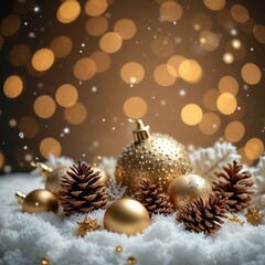 Obraz premium Golden baubles pinecones and white branches on snow. Blurred warm lights background. Merry Christmas winter holiday festive decoration. New Year celebration elements. Season greeting card.