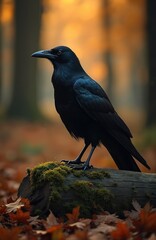 Fototapeta premium Black crow stands on mossy log surrounded by autumn leaves. Bird with dark feathers looks alert in forest setting. Warm light illuminates its form.