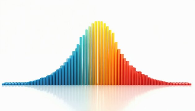 Colorful bar graph illustrates statistical distribution data analysis concept. Represents normal curve, probability, and business trends for research presentations.