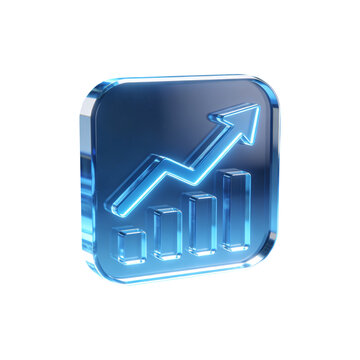 3D Glass Financial Growth Chart Icon with Rising Arrow. Transparent Blue Bar Graph Symbol for Business Success, Stock Market Trading, Economic Profit, Investment Analysis, and Data Analytics