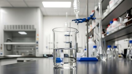 Beaker filled with clear water sits on a black lab table in a well-equipped laboratory during a bright day