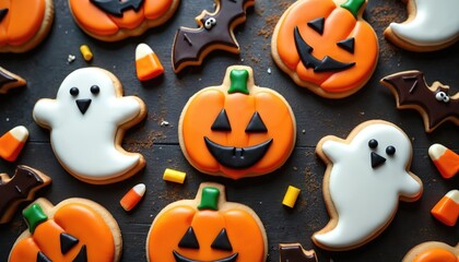 Obraz premium Festive Halloween cookies shaped like pumpkins ghosts and bats sit on a dark wood table. Colorful candy corn pieces are scattered around the baked treats for a holiday celebration.