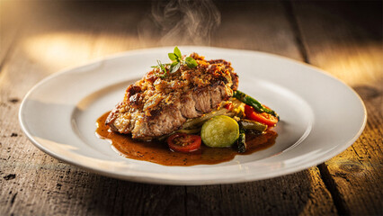 Roasted meat entree with vegetables on white plate