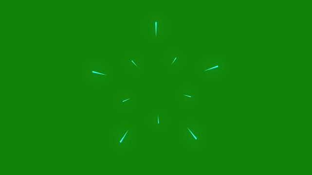 Cartoon style circle burst fireworks with glowing line explosions, geometric spark elements, pop-up animation motion graphics, shiny blast effect on black background and green screen.