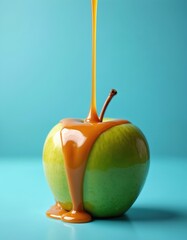 Naklejka premium Green apple covered with flowing caramel sauce. Sweet dessert preparation. Food styling for candy making. Tasty sweet treat on blue background.