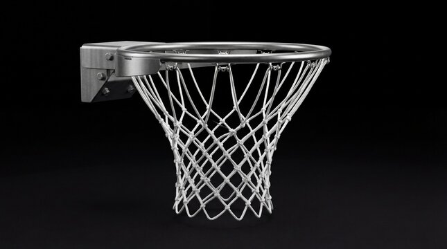 A basketball hoop with a silver rim and white net against a black background