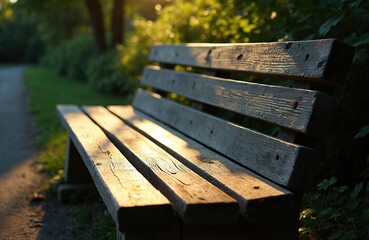 Fototapeta premium Old weathered wooden park bench rests beside a walking path. Golden hour sun illuminates the textured planks and surrounding green foliage. Nature scene invites quiet contemplation.