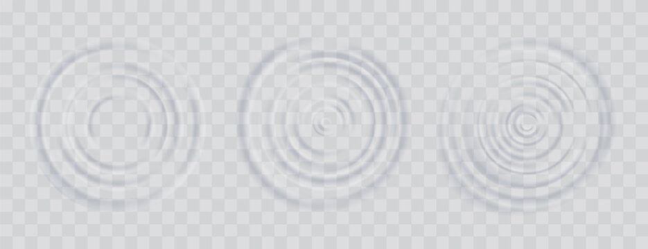 Water ripple effect top view set. Realistic caustic drop or sound wave splash effects, concentric circles in puddle. Vector set round wave surfaces on transparent background