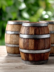 Naklejka premium Rustic wooden barrels on wooden table with blurred green background