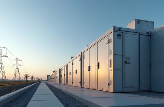Rows of large grey containers store solar energy. Electrical towers stand nearby on flat open land with trees under a clear sky. Sunset light reflects on container doors.
