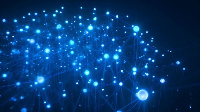 Glowing blue nodes connected by thin lines against a dark backdrop
